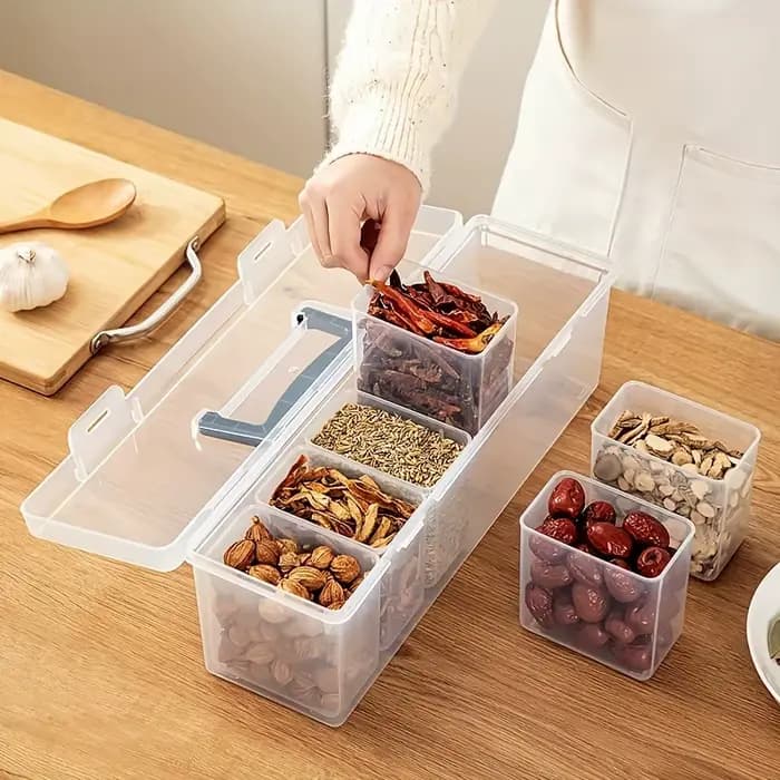 Ensemble de récipients à épices scellés avec couvercle de 7 pièces (1L + 6S) – Pots divisés amovibles en PP résistants
