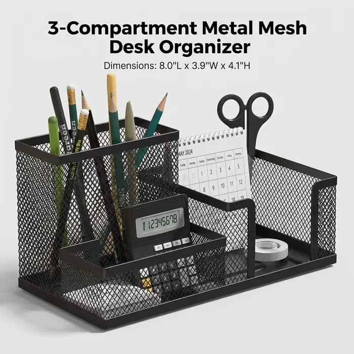 Organisateur de bureau en maille noire avec porte-crayons et paniers de rangement