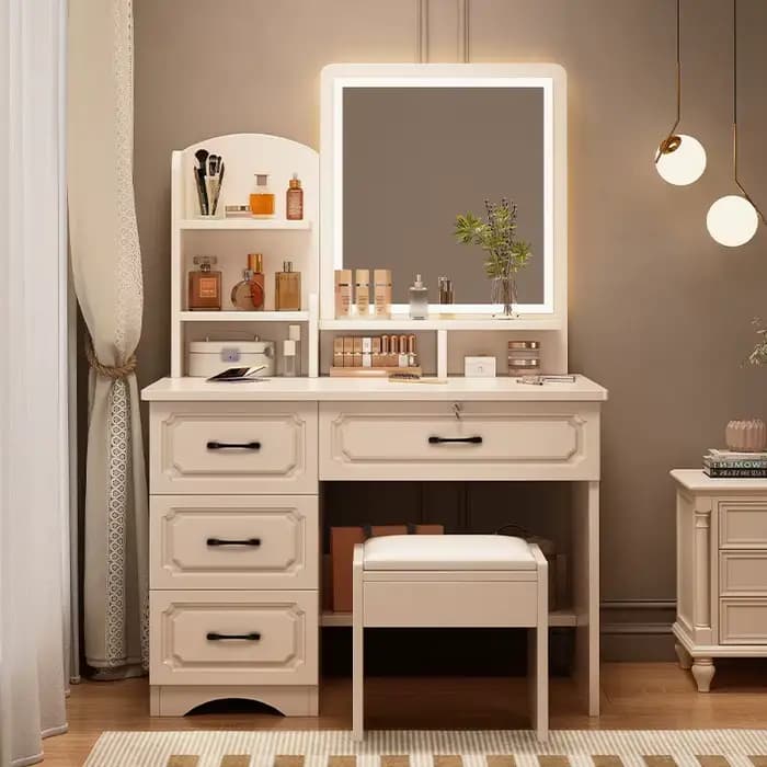 Table de toilette pour petit appartement avec miroir, rangement intégré, table de maquillage, style moderne simple européen, chambre principale