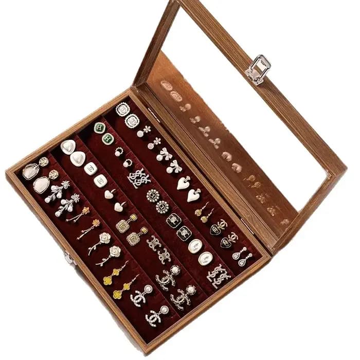 Boîte de rangement à bijoux grande capacité motif noyer avec couvercle en verre transparent pour boucles d'oreilles
