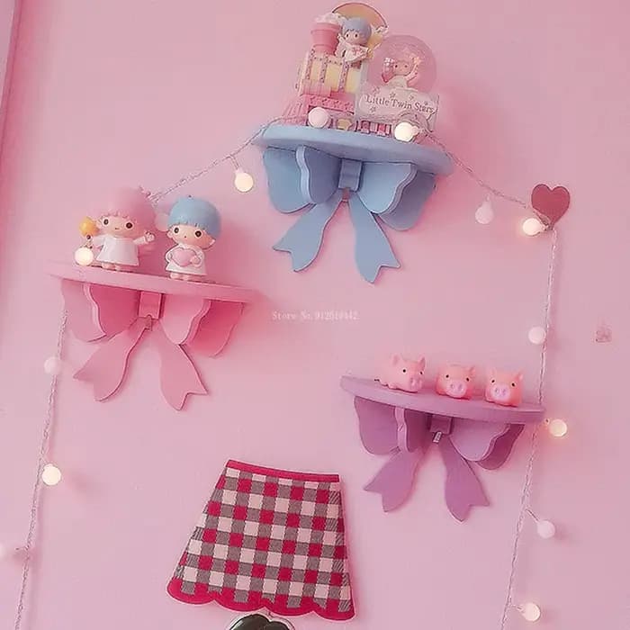 Étagères de chambre à coucher à nœud rose Kawaii japonais, rangement mural en bois cosmétique, décoration de chambre à cœur girly T1, étagère murale