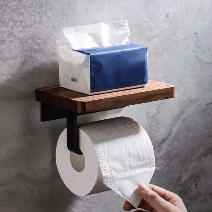 Porte-papier hygiénique avec étagère en bois de noyer