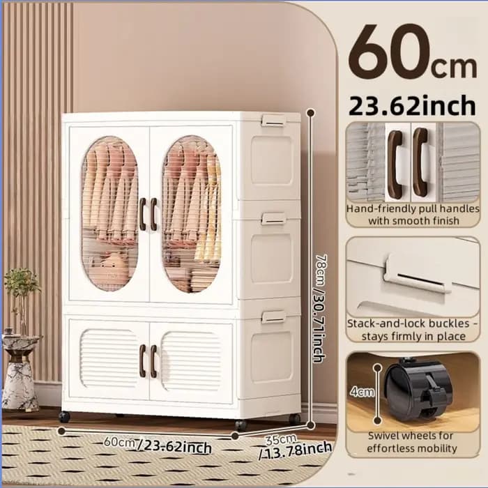 Armoire pliable à double porte de 60 cm avec roulettes – Rangement à fermeture magnétique de grande