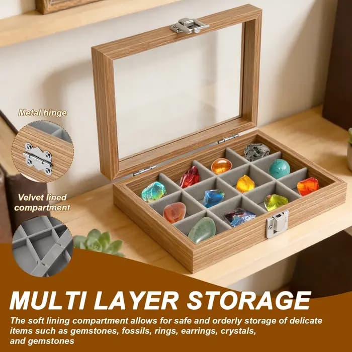 Boîte carrée transparente en bois à 12 compartiments pour collection de roches