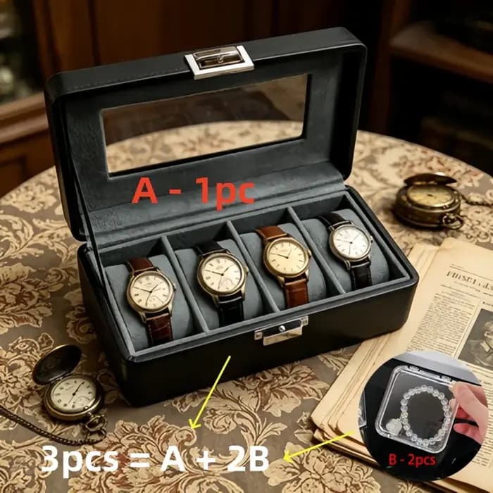 Organisateur de rangement pour montres de collection, boîte à montres en cuir verrouillable à 4 emplacements + 2 boîtes à bijoux pour la maison et les voyages