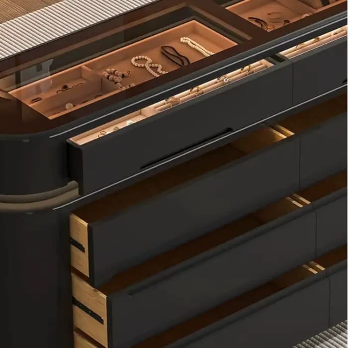 Meuble de rangement noir en bois avec poignées dissimulées