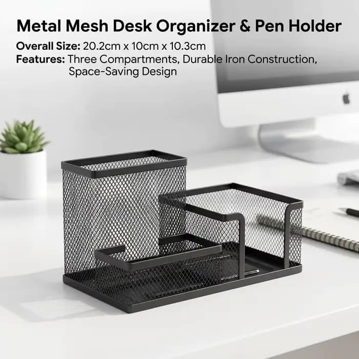 Organisateur de bureau en maille noire avec porte-crayons et paniers de rangement