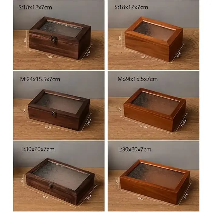 Boîte de rangement vintage en bois décorative avec couvercle en verre