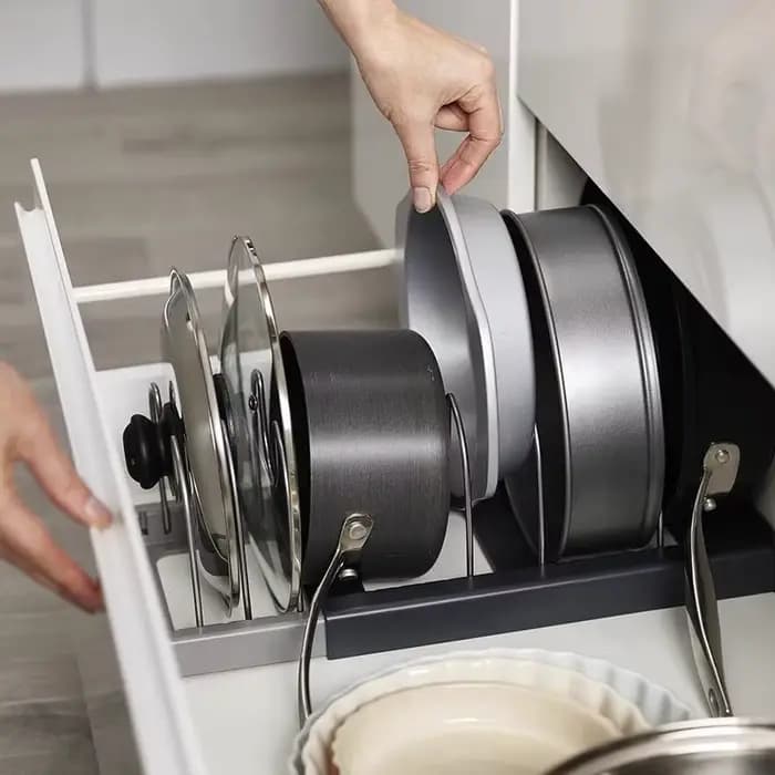 Rangement extensible en acier inoxydable T1, support d'armoire de cuisine pour casserole, couvercle