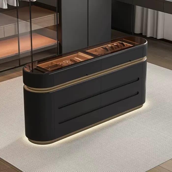 Meuble de rangement noir en bois avec poignées dissimulées