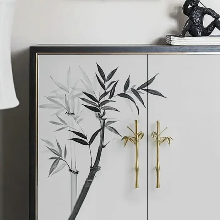 Poignées d'armoire créatives en laiton feuille de bambou 230mm-finition dorée