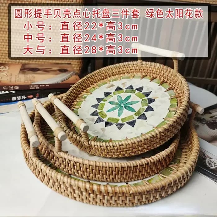 Plateau de rangement rond en rotin créatif, coquille naturelle, panier en rotin avec poignée, décoration, rangement de bijoux, organisateur de salon