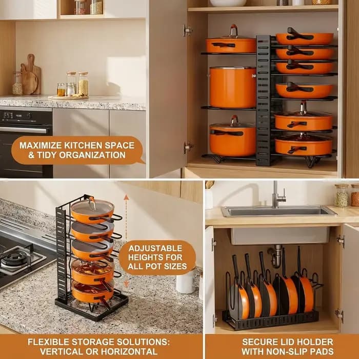 Organisateur de support de casseroles à 8 niveaux peu encombrant