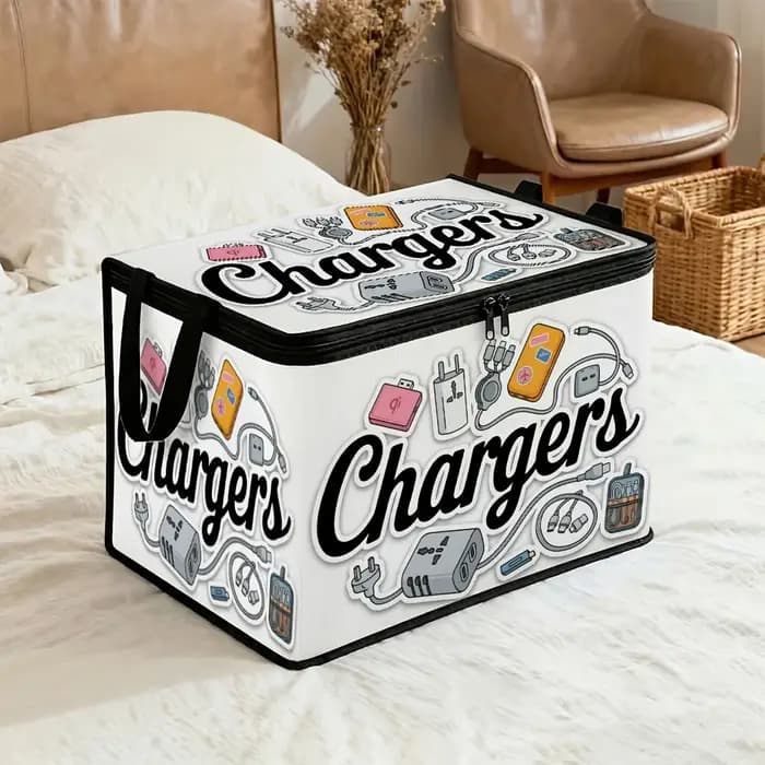 Boîte de rangement pliable avec couvercle pour vêtements, câbles électroniques et chargeurs, avec motif graphique moderne et fermeture éclair, conteneur de rangement à couvercle