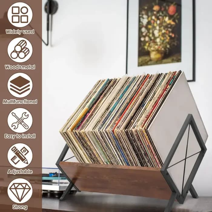 Étagère de rangement pour disques vinyles en bois et métal