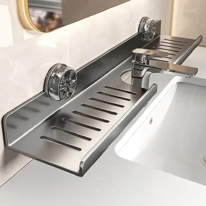 Étagère de salle de bain murale sans perçage avec miroir à ventouse pour lavabo et robinet