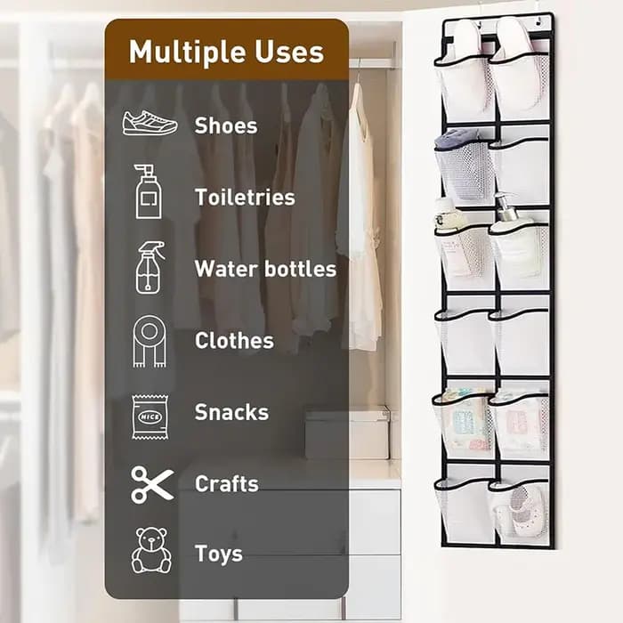 Organisateur de rangement pour chaussures suspendu à 12 poches avec 2 crochets métalliques