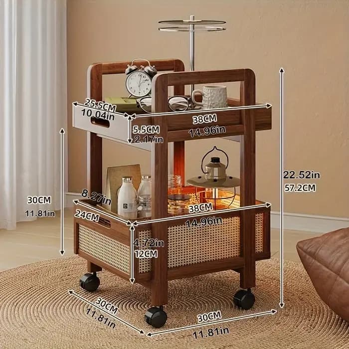 Chariot de rangement en rotin – Table d'appoint mobile avec paniers tissés, chariot roulant multifon