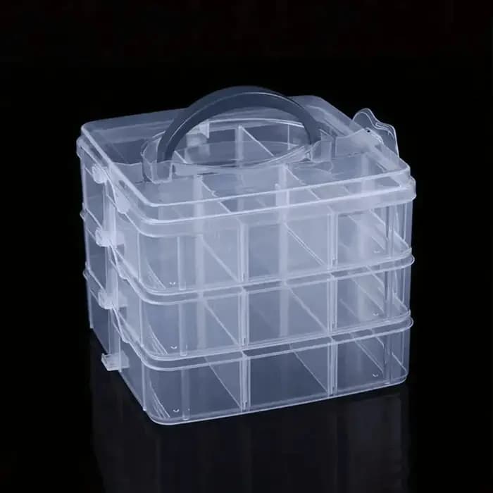 Boîte de rangement en plastique transparente empilable réglable à 3 niveaux et 18 compartiments