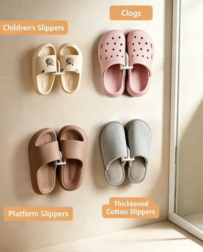Étagère à chaussures coulissante murale sans perçage pour salle de bain avec crochets de drainage