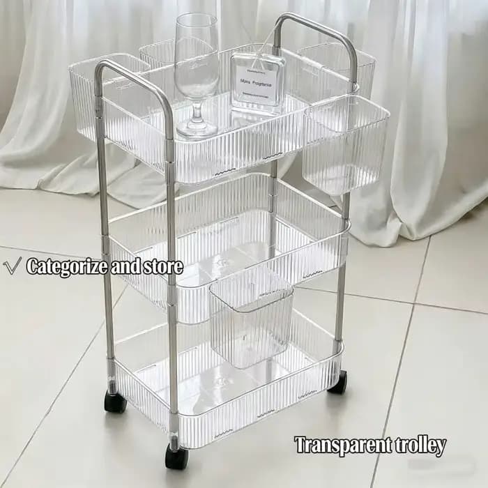 Étagère de rangement transparente à plusieurs niveaux avec roulettes