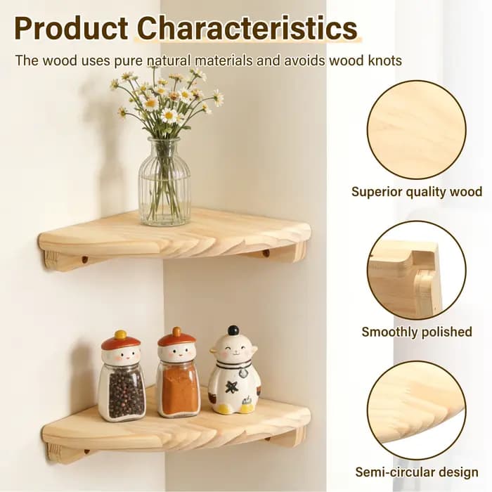 Étagère d'angle murale en bois festonné (2/4 pièces) avec vis