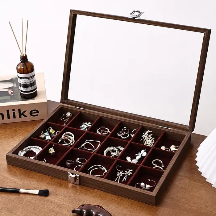 Boîte de rangement à bijoux grande capacité motif noyer avec couvercle en verre transparent pour bou