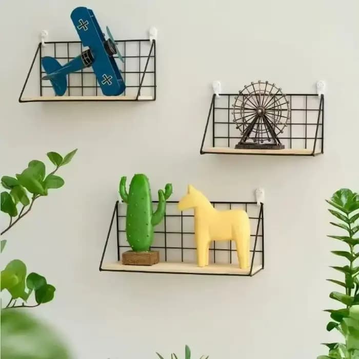 Étagères flottantes murales en bois avec panier en fil métallique pour rangement et présentation