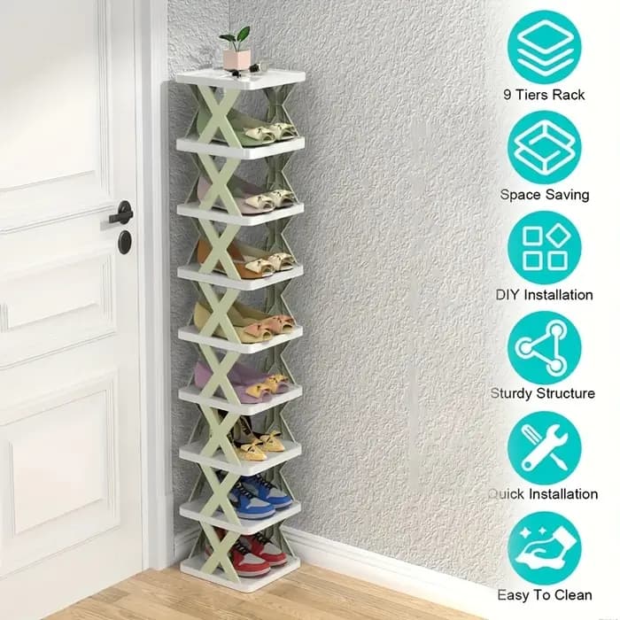 Étagère à chaussures verticale à 9 niveaux – Organisateur étroit peu encombrant pour 9 paires! Assemblage facile
