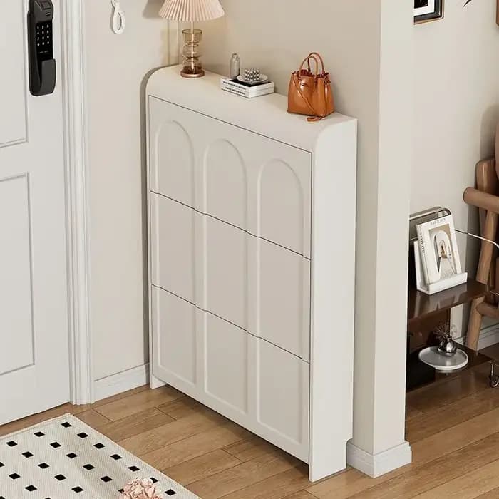 Meuble à chaussures moderne en bois crème ultra-fin et étroit avec tabouret confortable, organisateur de rangement pour entrée de maison