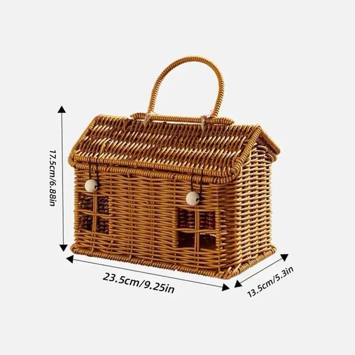 Panier en forme de maison en rotin avec couvercle