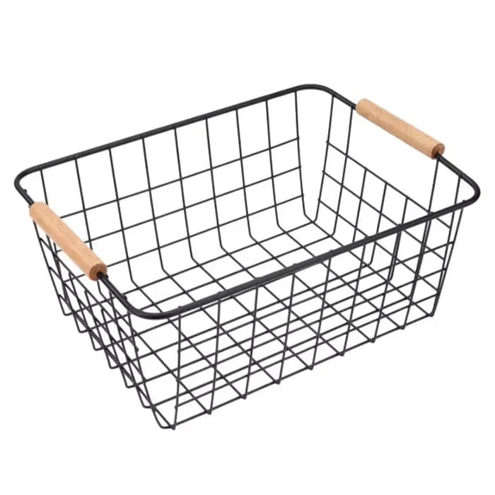 Panier de rangement de bureau en métal rectangulaire avec manche en bois, panier filaire en fer de g