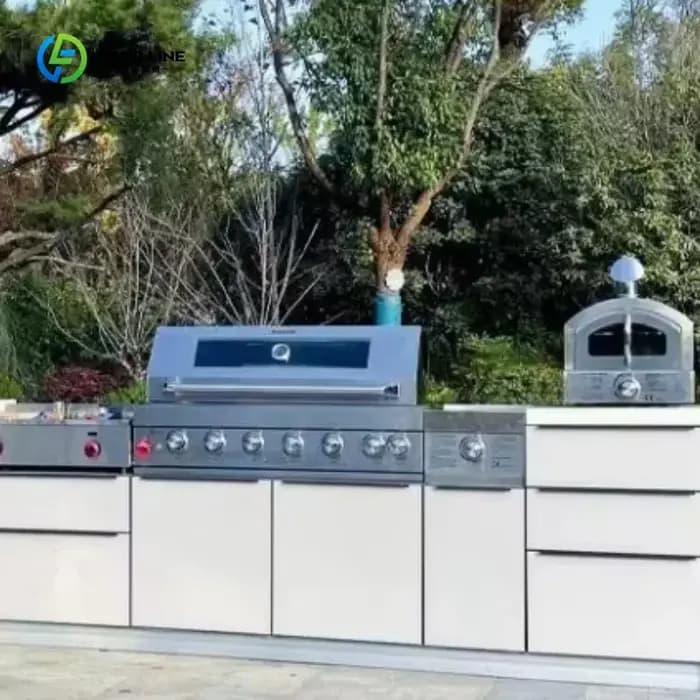 Armoire de cuisine extérieure en acier inoxydable de haute qualité sur mesure avec évier de buanderie moderne et porte en verre - Parfaite pour les petites cuisines