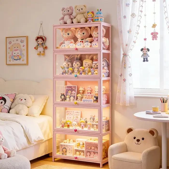 Vitrine de présentation multifonctionnelle en verre rose, anti-poussière, pour figurines et objets de collection
