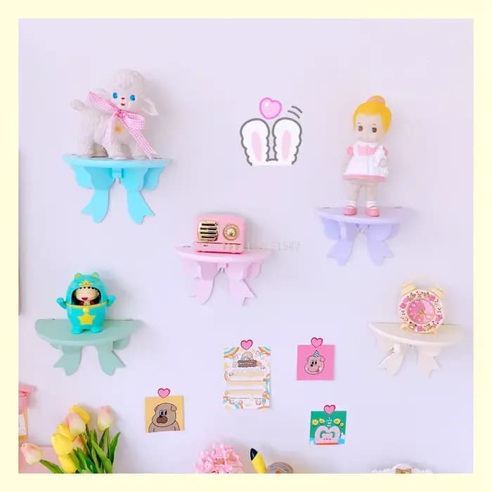 Support de rangement mural avec nœud rose Kawaii, décoration de chambre de fille, étagères murales sans poinçon