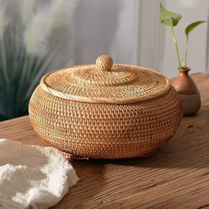 Boîte de rangement en rotin tissée à la main avec couvercle