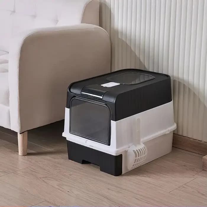 Grande litière pour chat pliable et fermée avec couvercle, entrée frontale, sortie supérieure, anti-