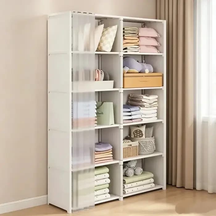 Armoire de rangement multi-niveaux portable avec rideau anti-poussière pour l'organisation quotidienne des vêtements à la maison et dans la chambre