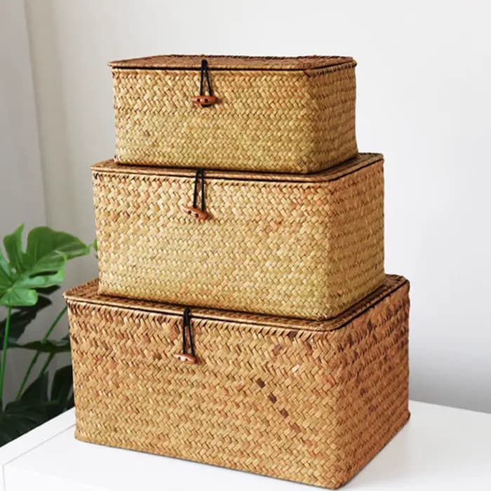 Mir de Rangement en Rotin Tissé avec Couvercle