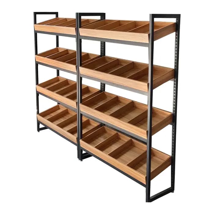 Étagères de supermarché en acier laminé à froid et bois MDF, étagère de boulangerie en bois, présentoir robuste, rayonnage pour magasin de détail
