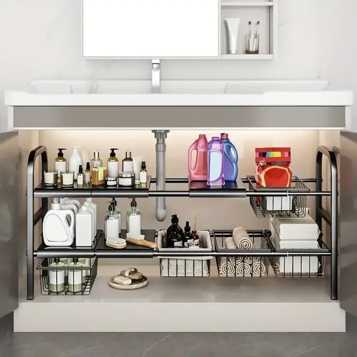 1 ensemble d'organisateurs d'évier de cuisine multi-usage sous la salle de bain-étagère d'armoire extensible