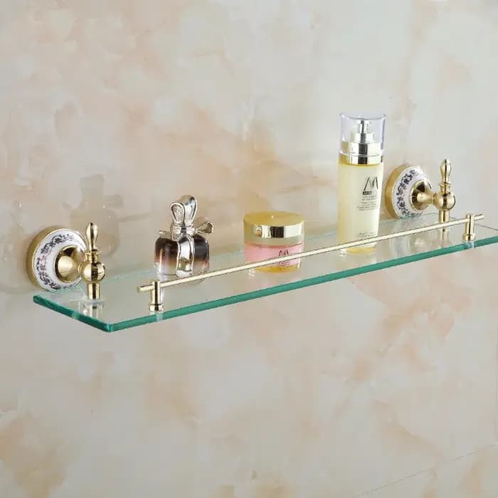 Métal Finition Dorée Matériau Bain Étagère Avec Simple Guatemala Verre sur le Mur HOStorage Support ST-6713