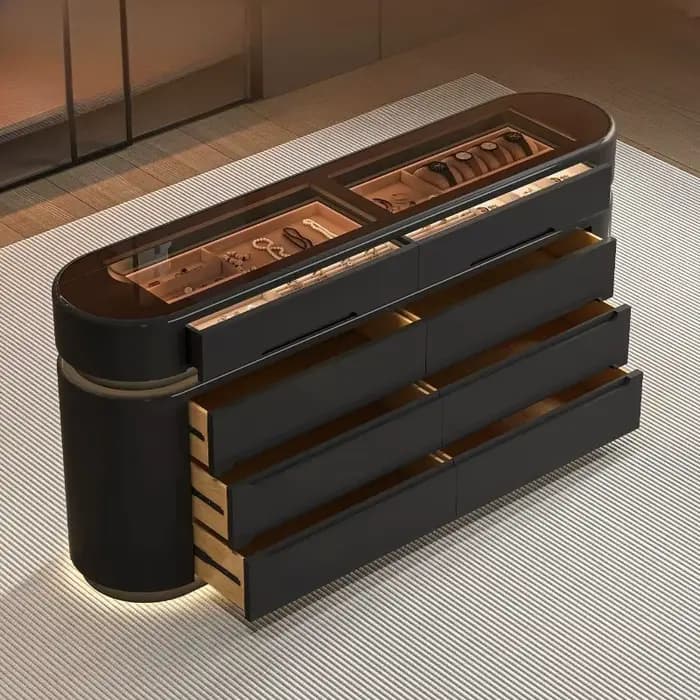 Meuble de rangement noir en bois avec poignées dissimulées