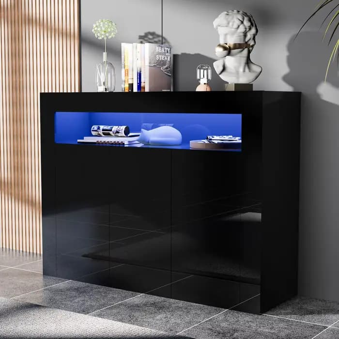 Armoire de rangement moderne avec lumières LED, buffet haute brillance, étagère réglable, 3 portes