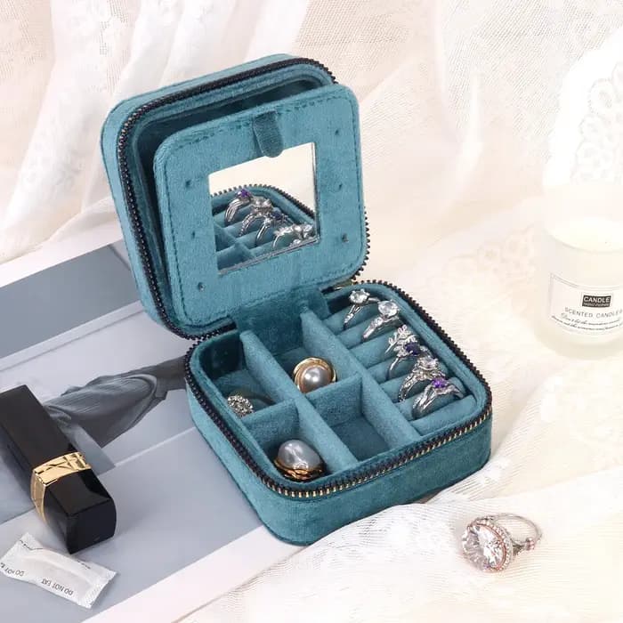 Boîte à bijoux en velours losange avec miroir pour femmes