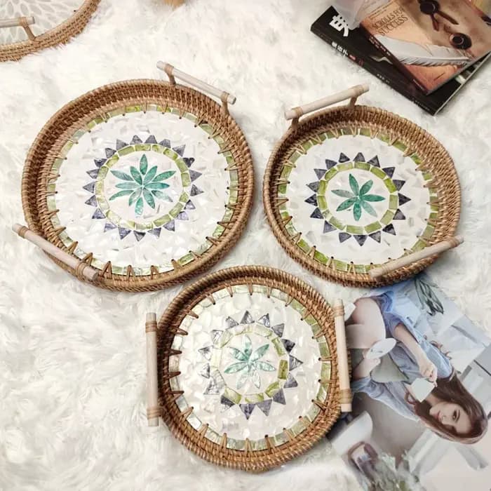 Plateau de rangement rond en rotin créatif, coquille naturelle, panier en rotin avec poignée, décoration, rangement de bijoux, organisateur de salon