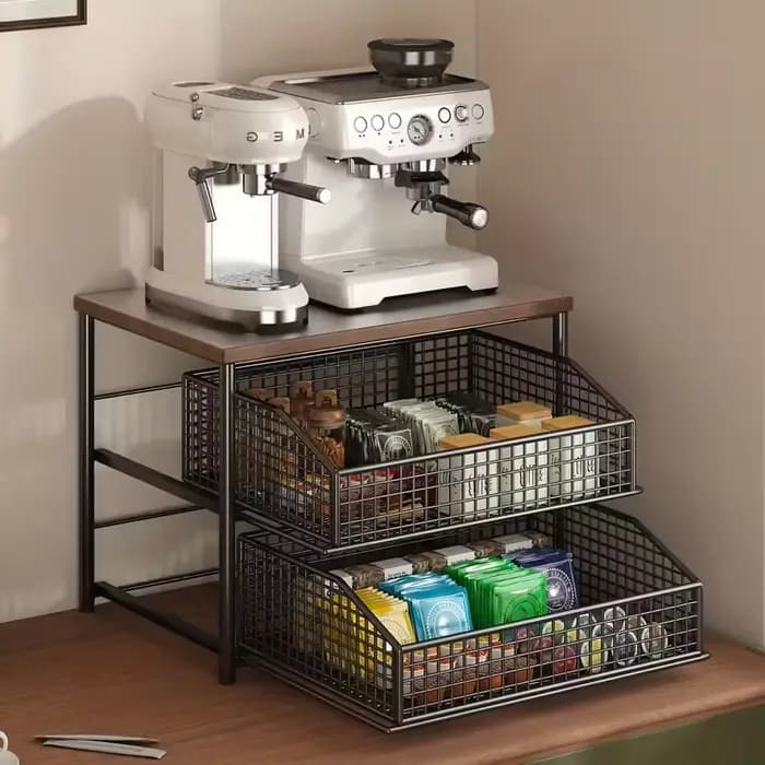 1 support de rangement pour comptoir de cuisine peu encombrant avec tiroirs et paniers métalliques