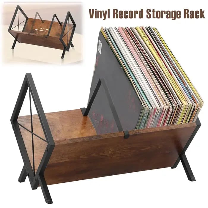 Étagère de rangement pour disques vinyles en bois et métal