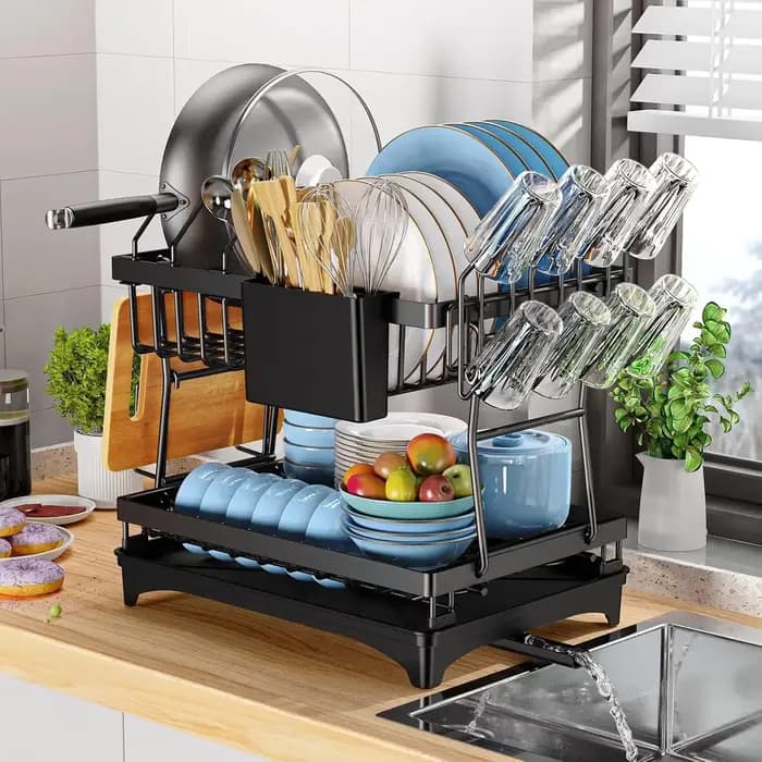 Égouttoir à vaisselle à 2 niveaux – Support de rangement gain de place pour bols, couverts (baguette