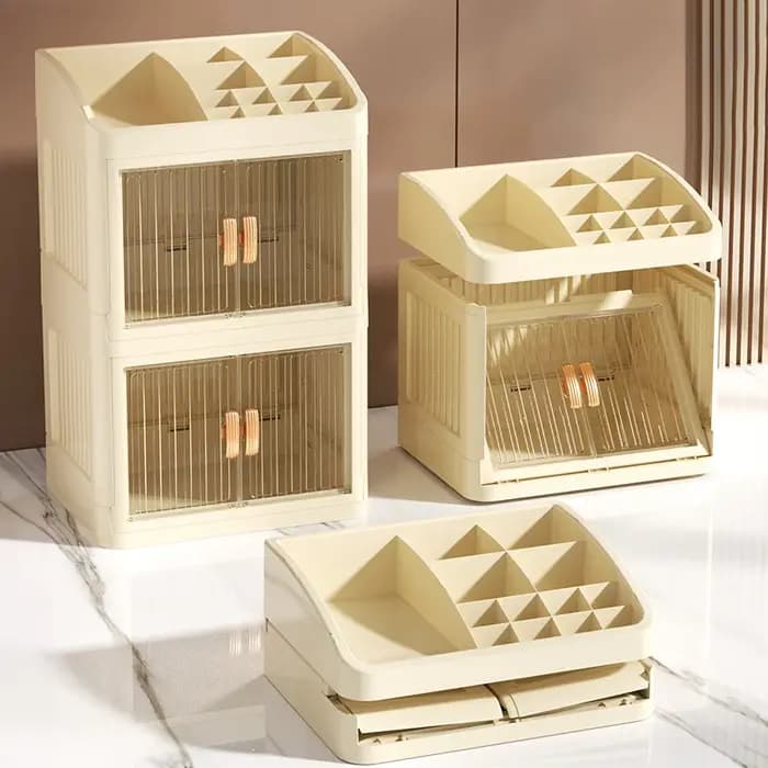 Organisateur de maquillage pliable à 3 à 4 niveaux avec fonction tiroir – Fournit un rangement spacieux pour cosmétiques